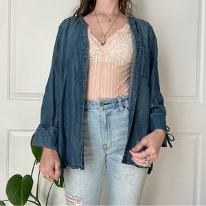 Soft Jean Button Down Blouse Tye Sleeve Cozy Front Pocket